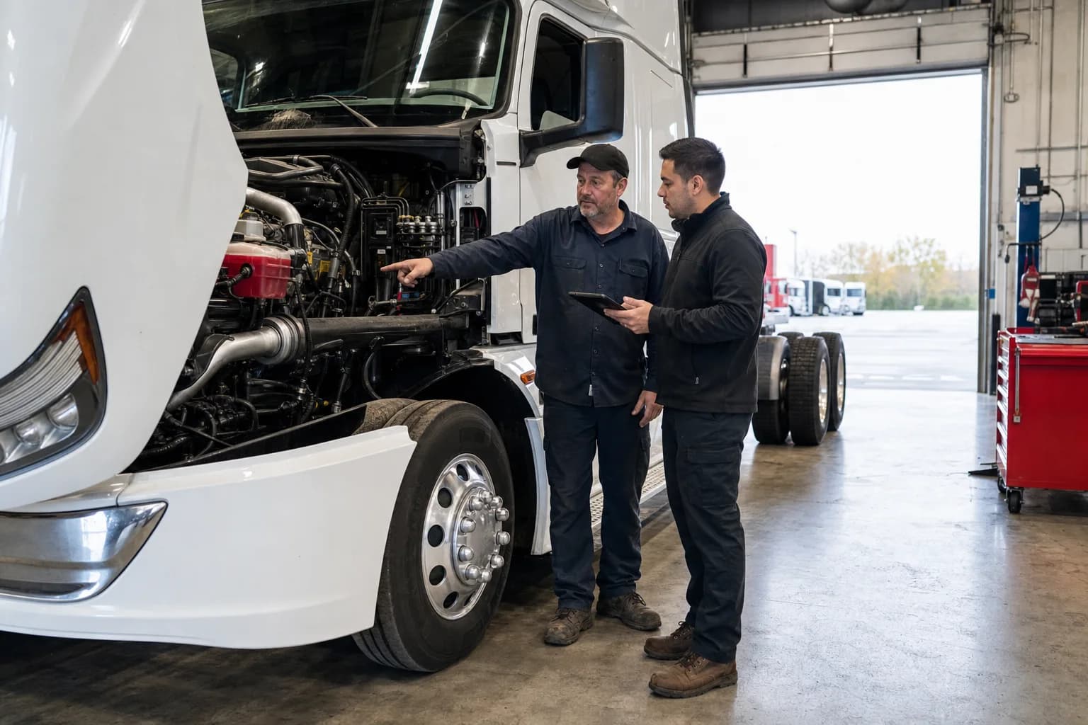 George Lewis Trucking Kingdom City technician and buyer inspecting a truck engine
